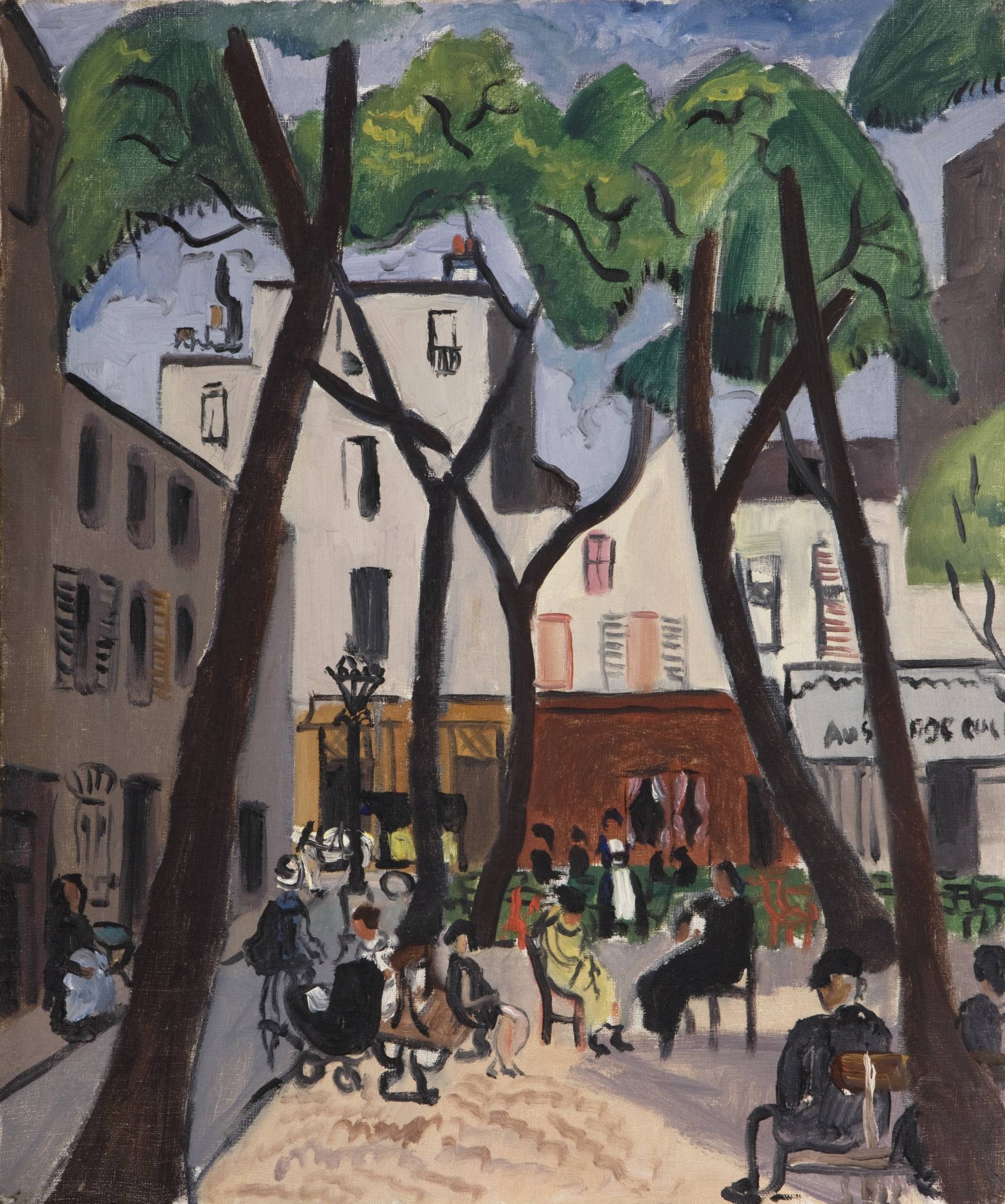 A painting of a street scene in France or the Mediterranean. There are people seated on benches in a cobbled square, with stylized trees and pale shuttered buildings on two sides of the square.